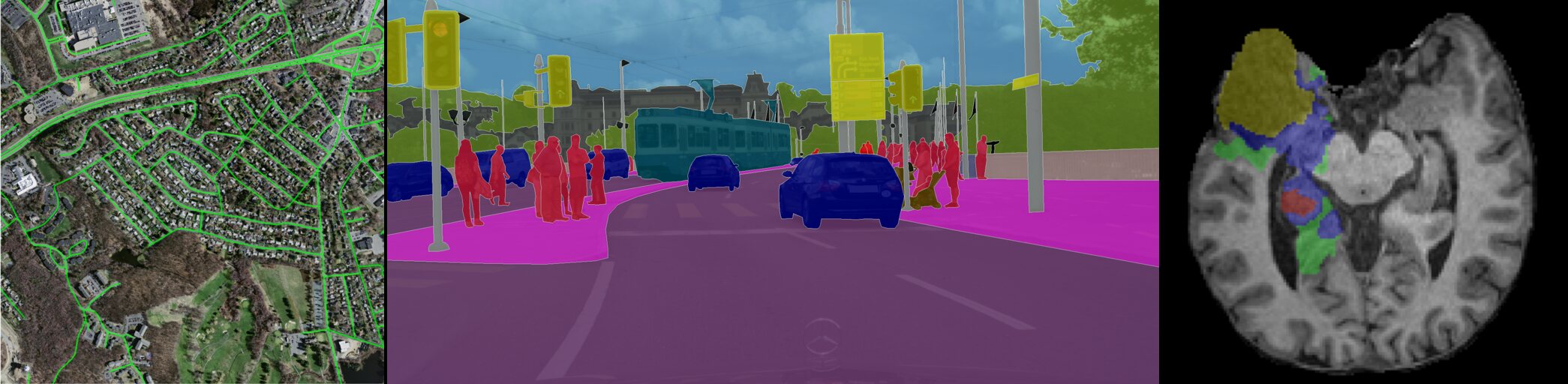 Sample inputs with ground-truth overlays from Massachusetts Roads, Cityscapes and BraTS 2024.